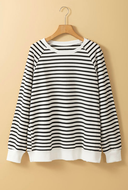 Black Stripe Side Slit Loose Fit Sweatshirt