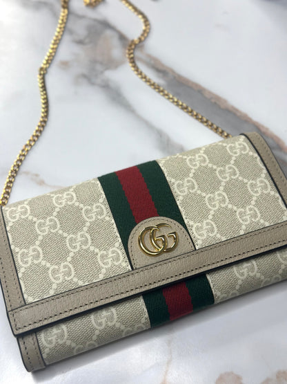 Pre-owned Gucci GG Ophidia Beige & white wallet on chain