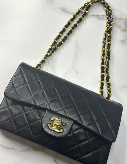 Pre-owned Chanel 1991-1993 small black lambskin double flap shoulder bag