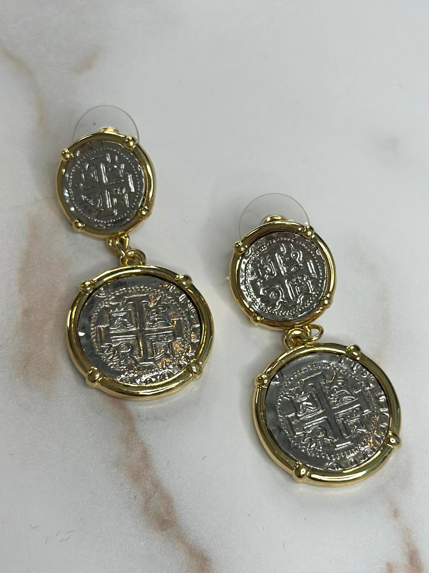 Two tone coin, drop earrings