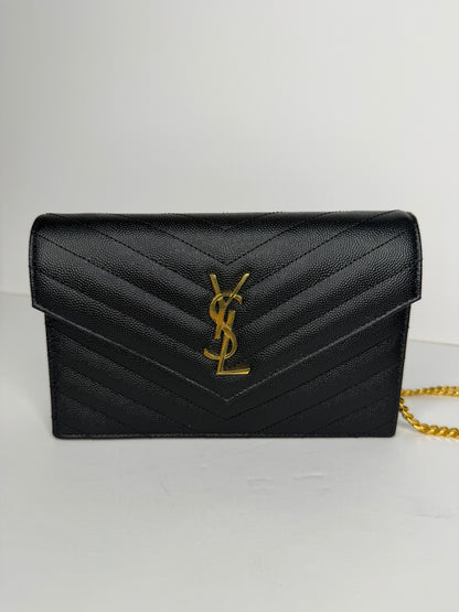 Pre-owned Saint Laurent CASSANDRE ENVELOPE CHAIN WALLET IN GRAIN DE POUDRE LEATHER