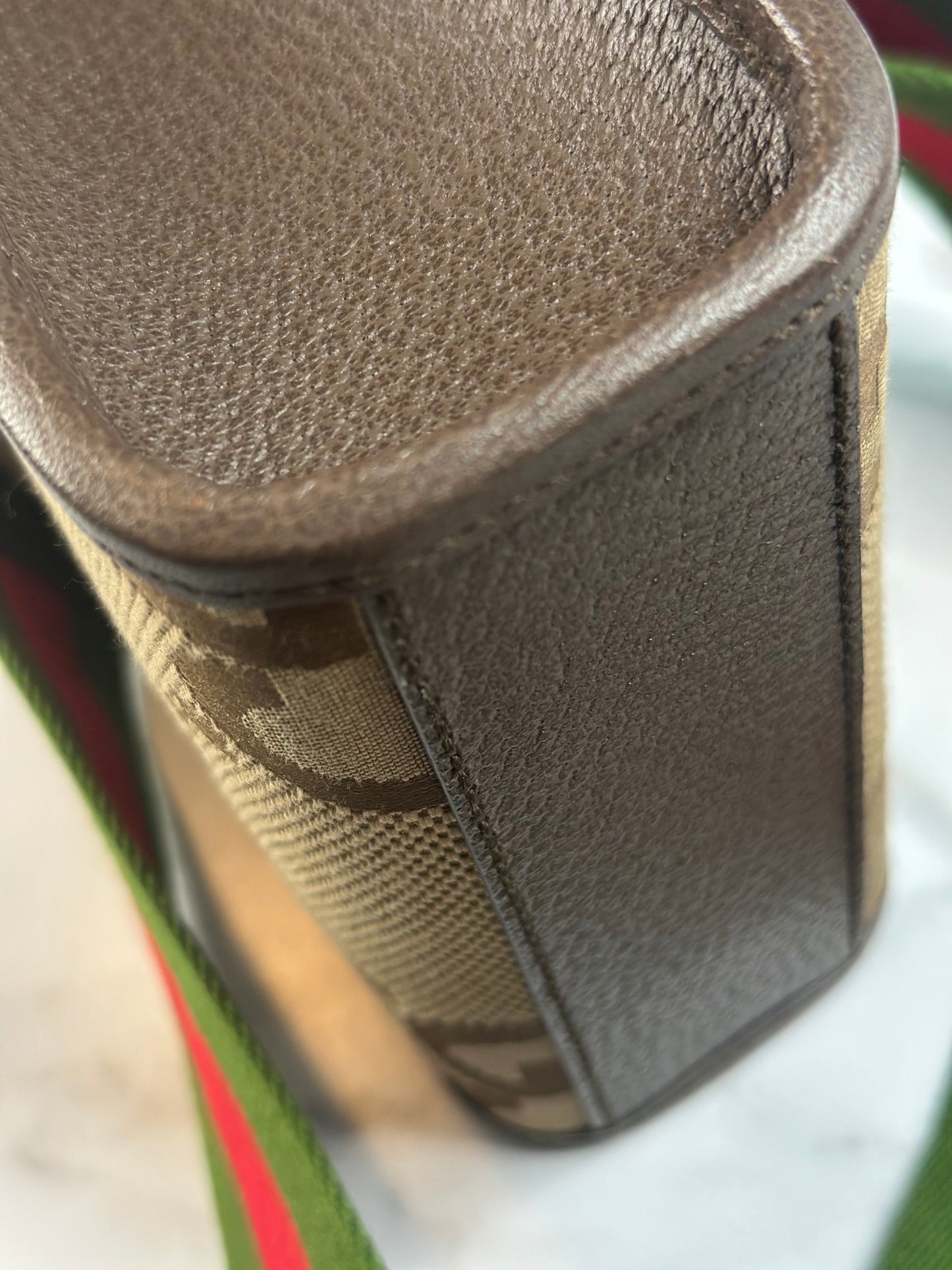 Pre-owned Gucci Monogram Jumbo GG Textured Dollar Calfskin Web Mini Vertical Tote Camel Ebony crossbody