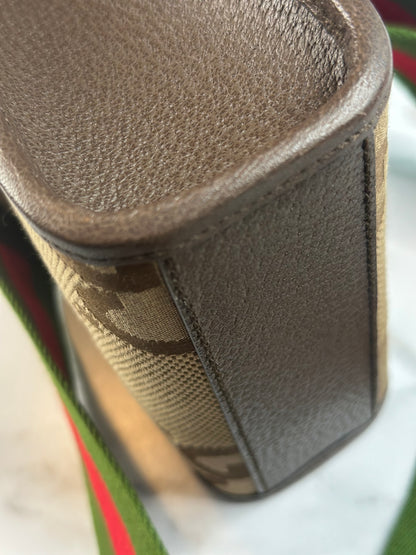 Pre-owned Gucci Monogram Jumbo GG Textured Dollar Calfskin Web Mini Vertical Tote Camel Ebony crossbody