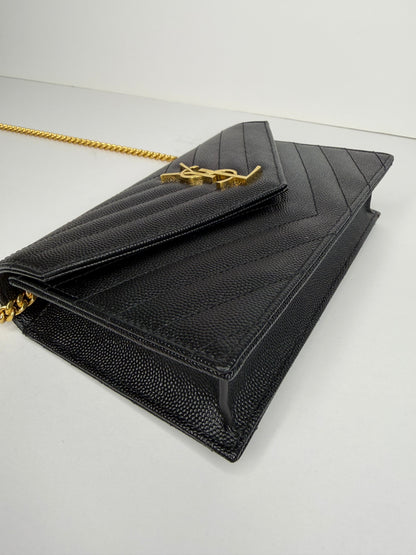 Pre-owned Saint Laurent CASSANDRE ENVELOPE CHAIN WALLET IN GRAIN DE POUDRE LEATHER