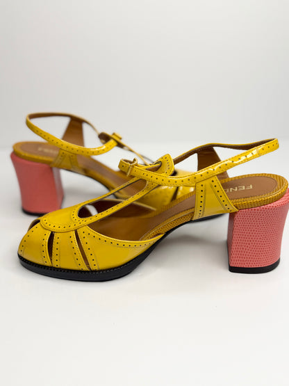 Pre-owned Fendi yellow patent leather Chameleon block heel sandals size 38