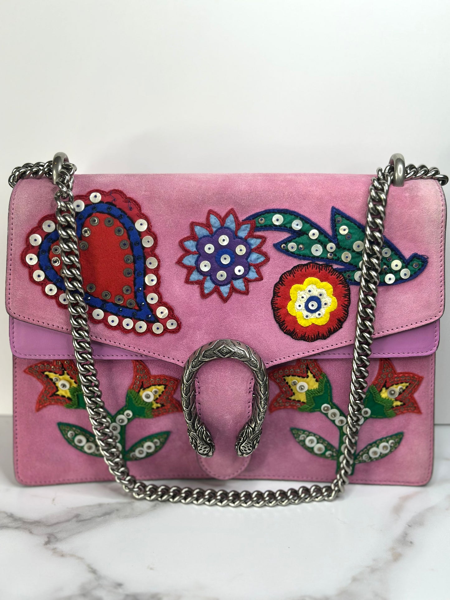 Pre-owned Gucci Dionysus Medium Shoulder Bag in pink suede featuring multicolor floral embroidery and sequin embellishments