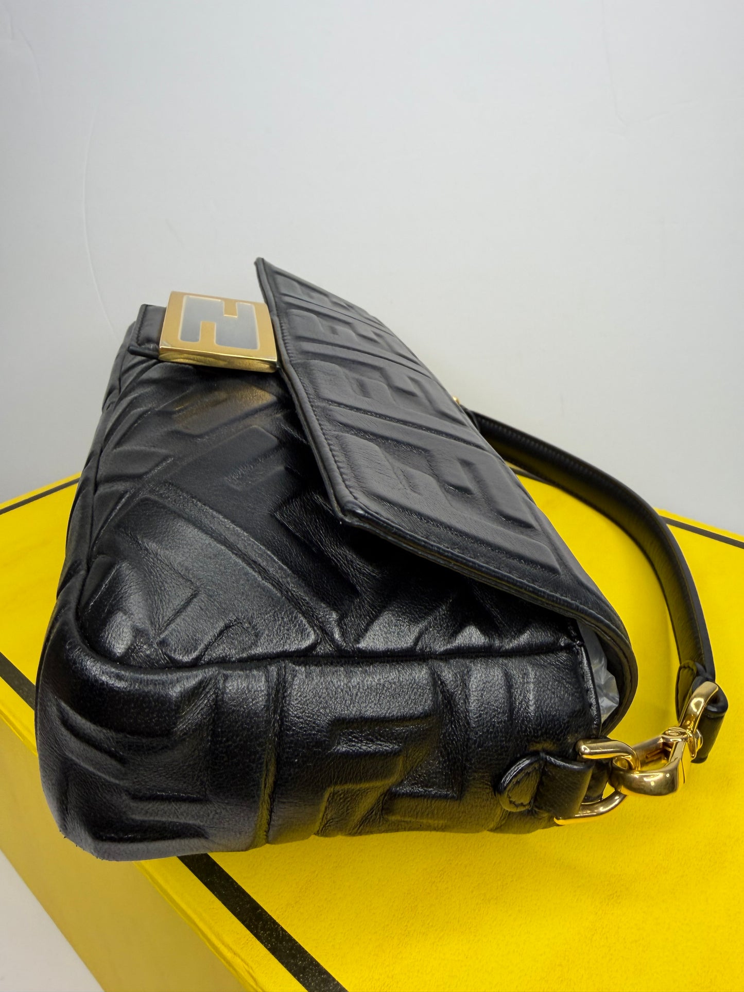 Pre-owned Fendi Nappa FF 1974 Embossed Baguette Black