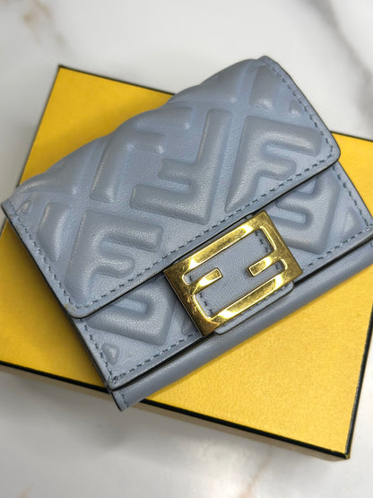 Pre-owned Fendi Micro Trifold Baguette wallet is made from light blue lambskin leather