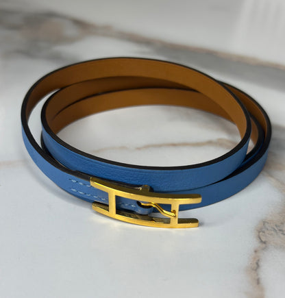 Pre-owned Hermes Swift Hapi 3 MM Triple Tour Bracelet S Bleu Paradis