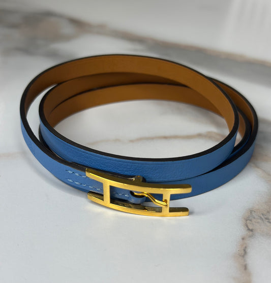 Pre-owned Hermes Swift Hapi 3 MM Triple Tour Bracelet S Bleu Paradis