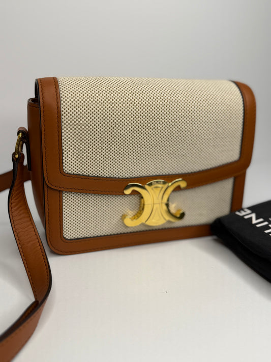 Pre-owned Celine TEEN TRIOMPHE BAG IN TEXTILE AND CALFSKIN