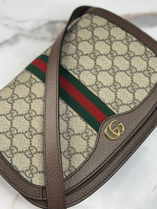 Pre-owned Gucci GG Supreme Monogram Web Small Ophidia Flap Messenger Bag Brown