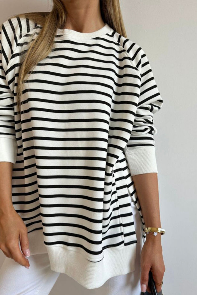 Black Stripe Side Slit Loose Fit Sweatshirt