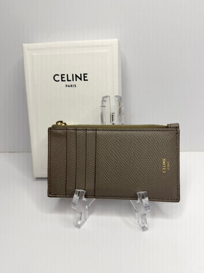 Pre-owned Celine zipped card holder in gray grained calfskin leather