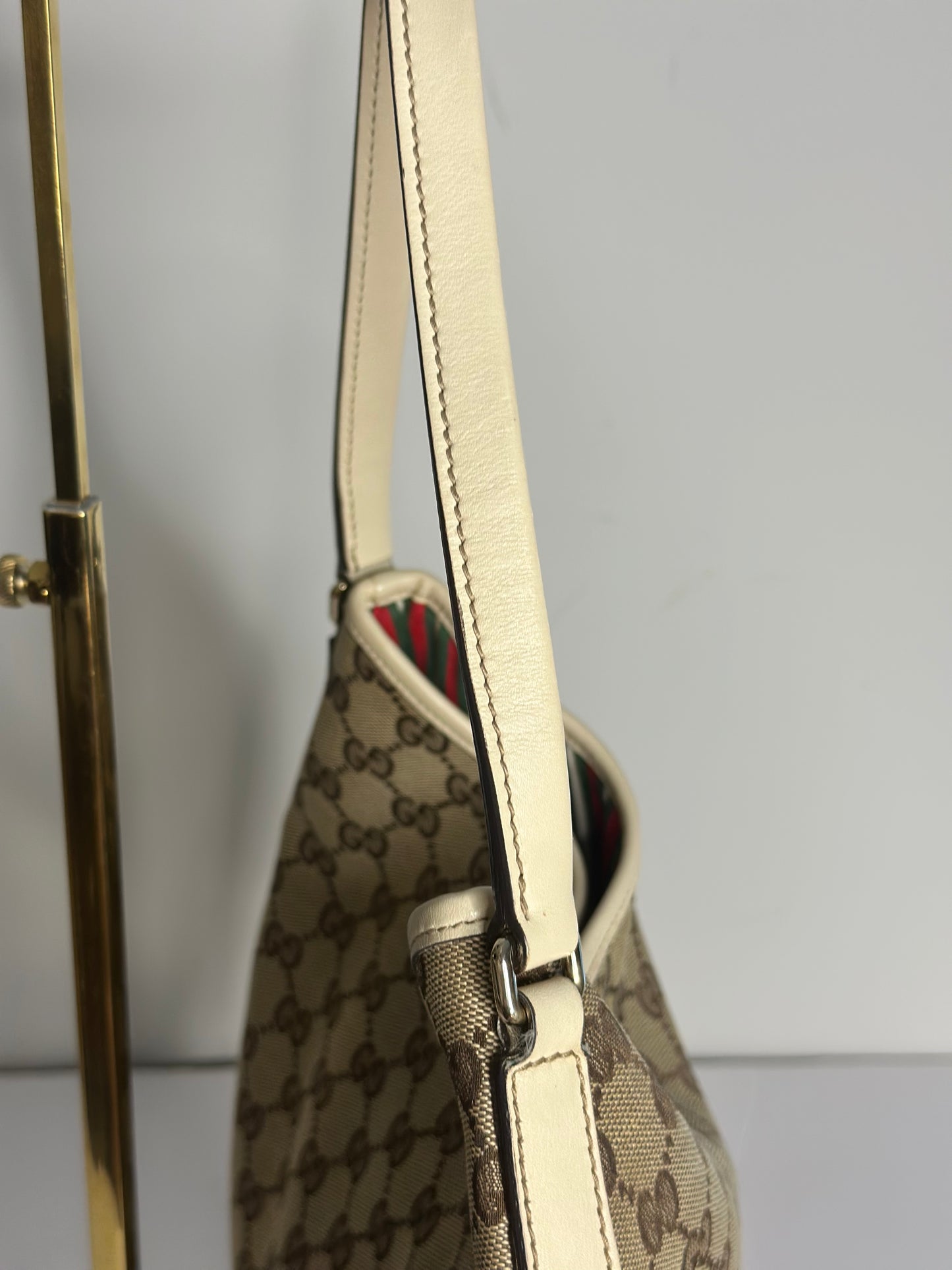 Pre-owned Gucci New Britt Hobo bag in beige and brown GG monogram canvas with white leather trim