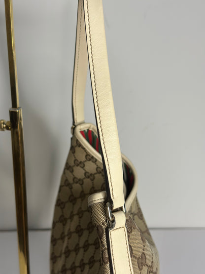 Pre-owned Gucci New Britt Hobo bag in beige and brown GG monogram canvas with white leather trim