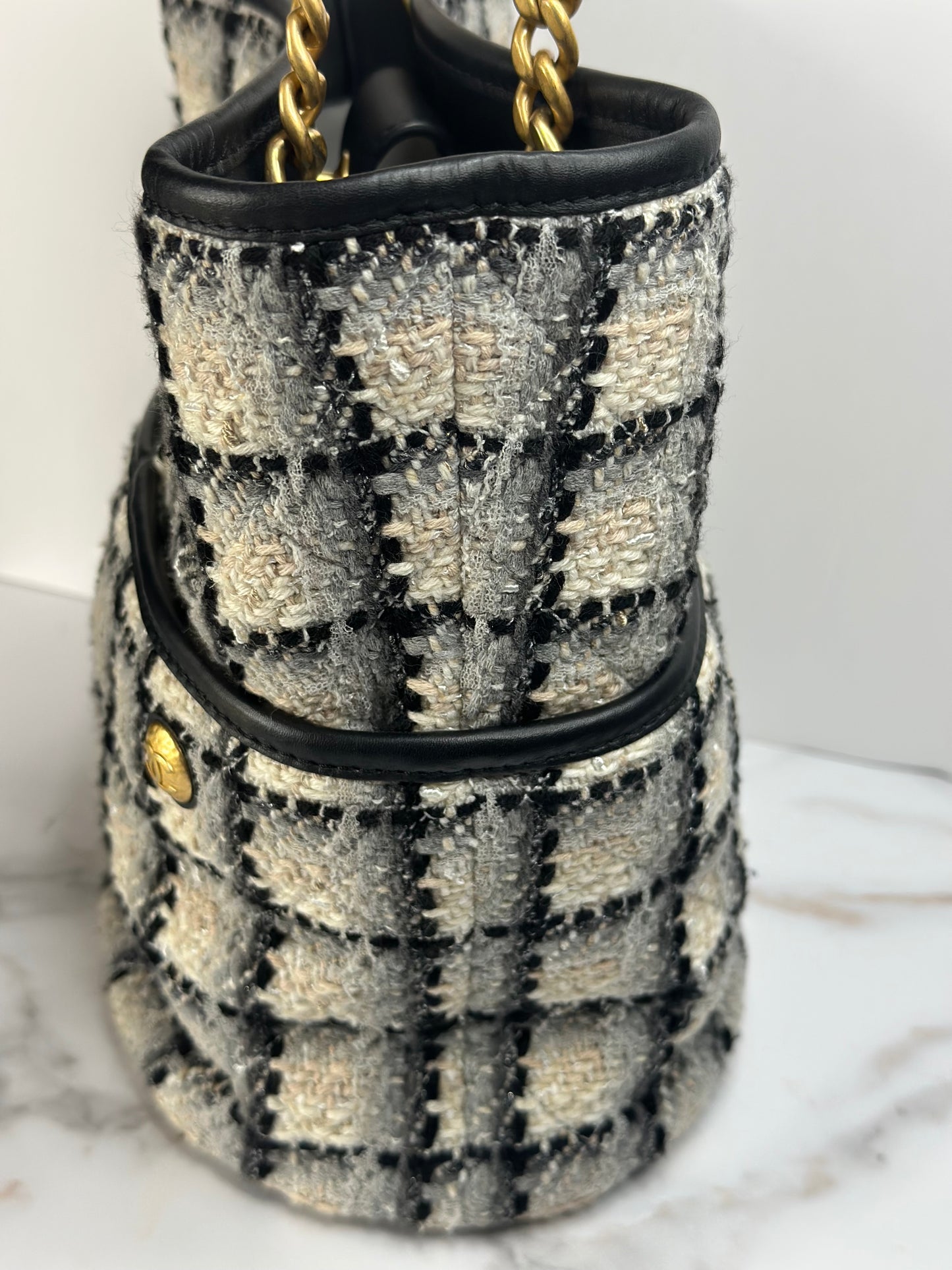 Pre-owned Chanel Coco Mark Chain Shoulder Bag Tote Tweed Leather Black Gray Multicolor Gold Hardware