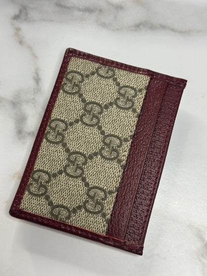 Pre-owned Gucci GG Ophidia supreme canvas x burgundy leather card holder