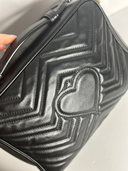 Pre-owned Gucci GG Marmont Black matalasse leather crossbody with sylvie web strap.