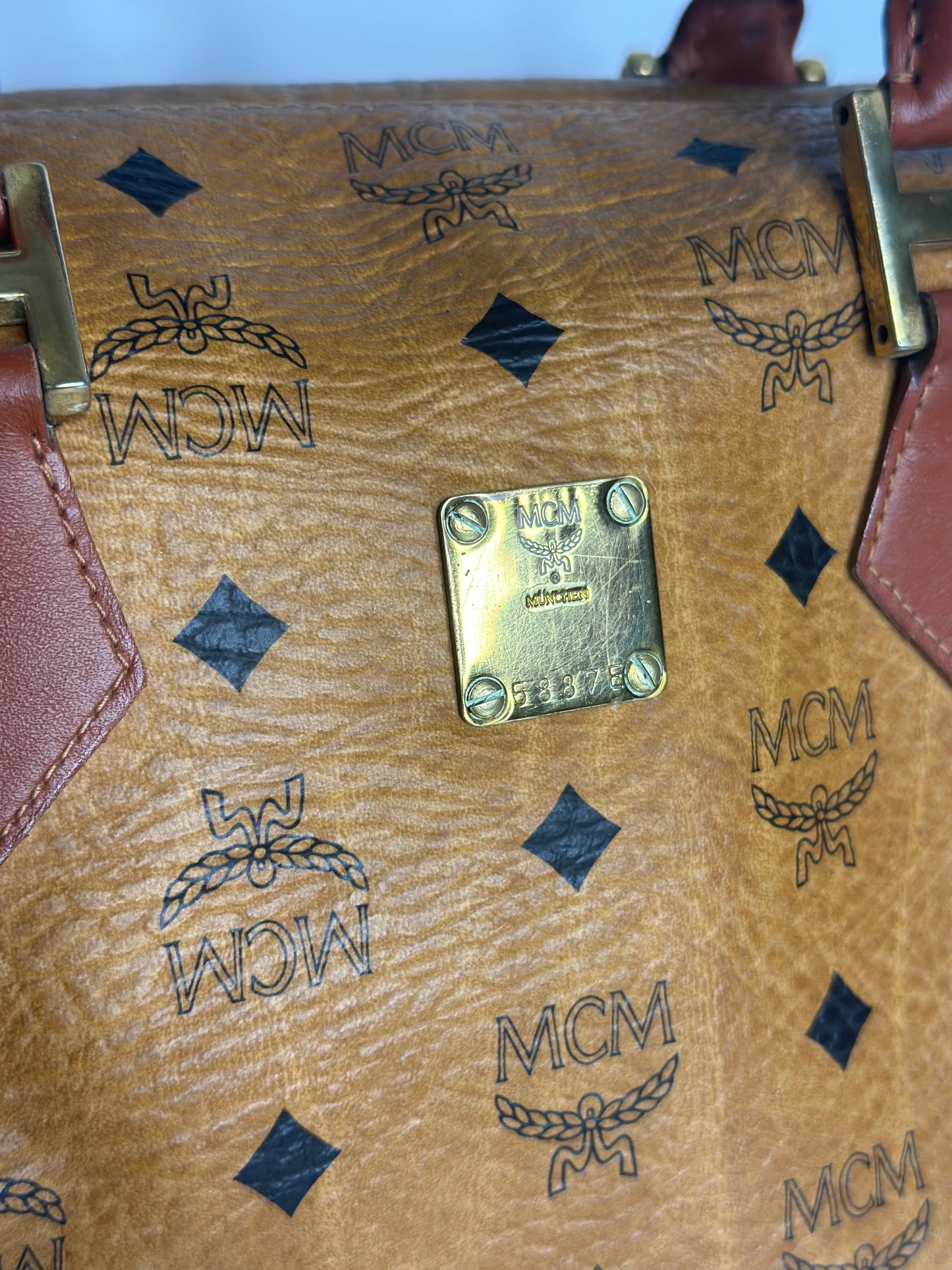 Pre-owned MCM vintage Boston bag in cognac Visetos monogram canvas with brown leather handles