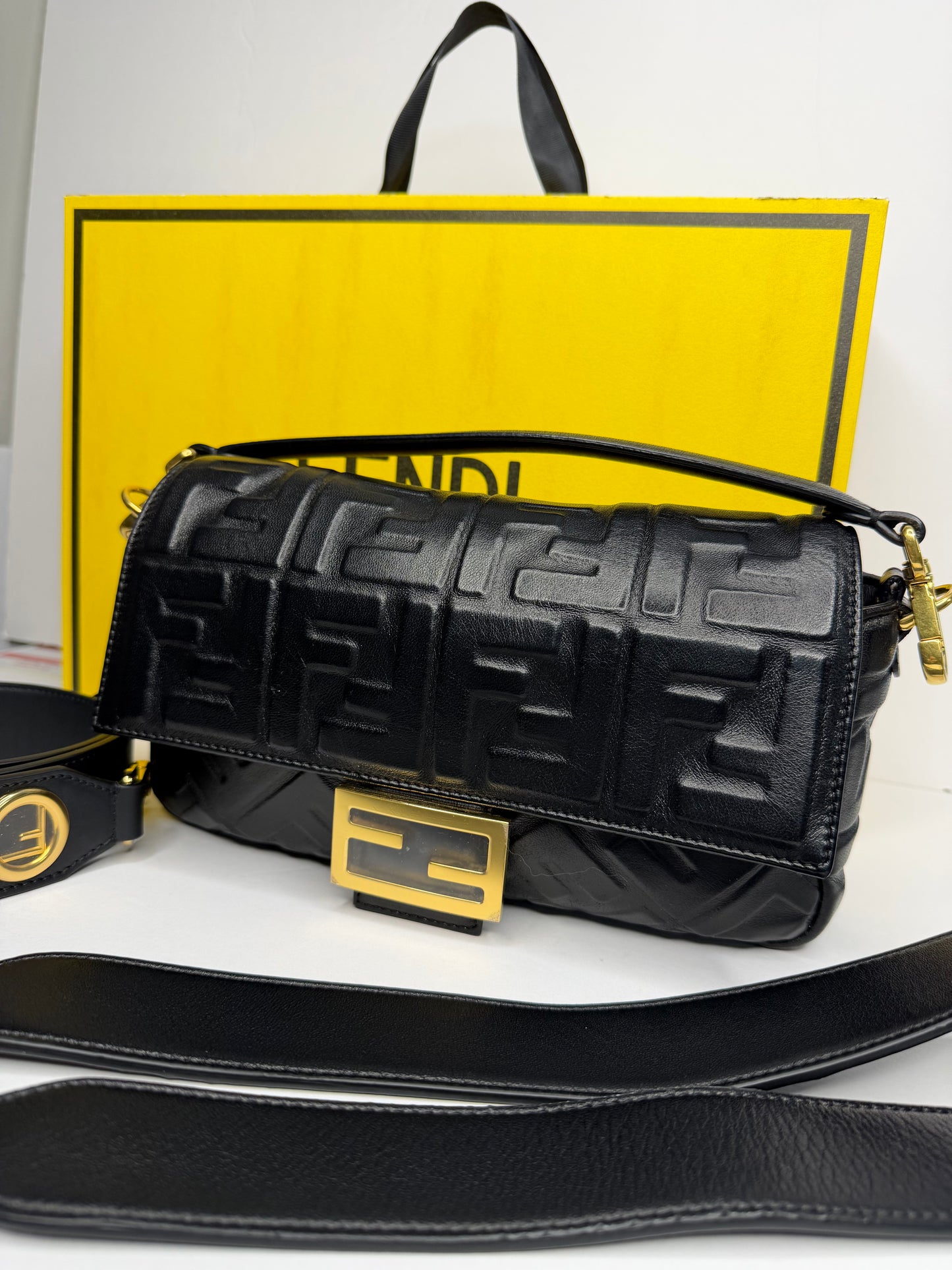 Pre-owned Fendi Nappa FF 1974 Embossed Baguette Black