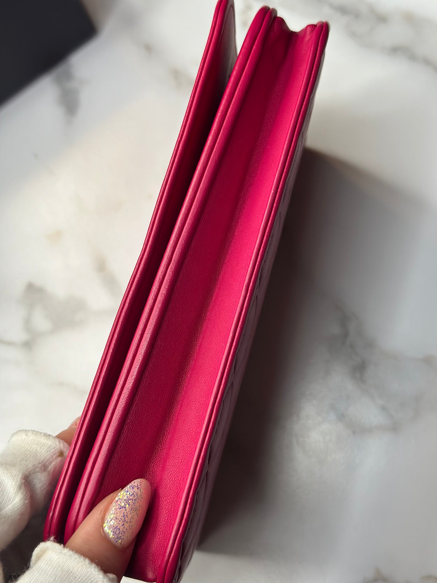 Pre-owned Chanel hot pink quilted caviar wallet on chain