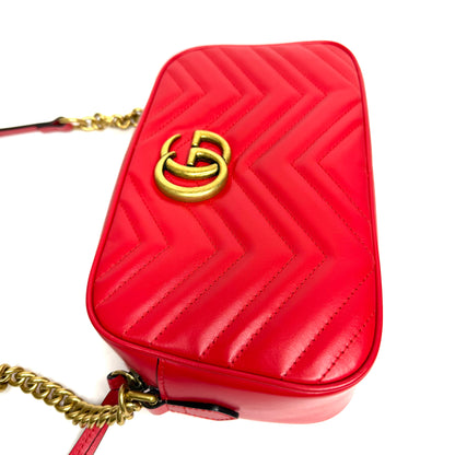 Pre-owned Gucci Matelasse Small GG Marmont Chain Shoulder Bag Hibiscus Red