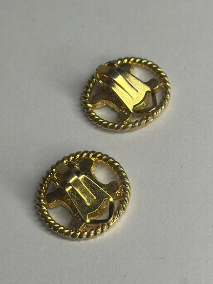 Pre-owned Celine Triomphe Rhinestone Circle Gold clip on Earrings
