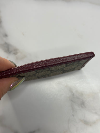 Pre-owned Gucci GG Ophidia supreme canvas x burgundy leather card holder