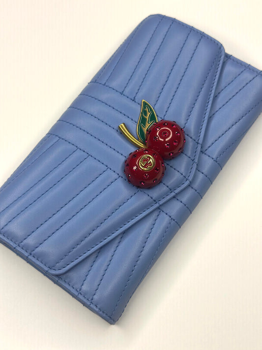 Pre-owned Gucci Continental Wallet Blue with Cherry Charm