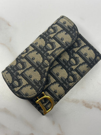 Pre-owned Christian Dior Saddle Flap Card Holder Blue Dior Oblique Jacquard canvas