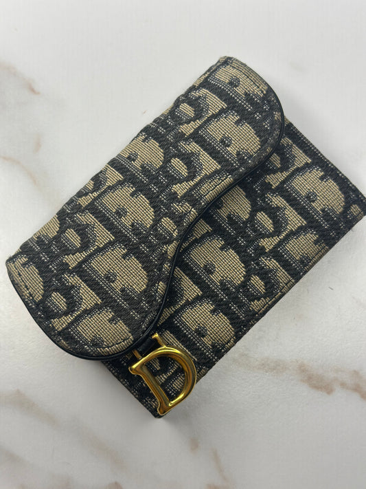 Pre-owned Christian Dior Saddle Flap Card Holder Blue Dior Oblique Jacquard canvas