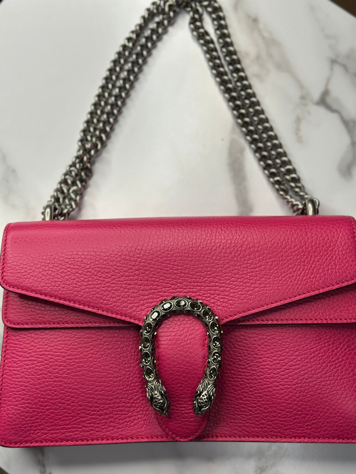 Pre-owned Gucci Hot Pink Leather Medium Dionysus Shoulder bag w/Crystal embellishments