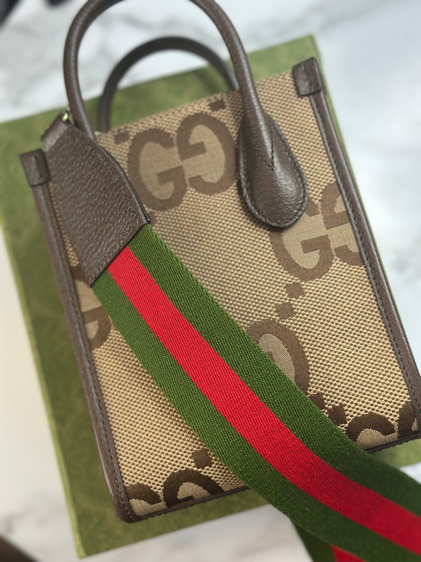 Pre-owned Gucci Monogram Jumbo GG Textured Dollar Calfskin Web Mini Vertical Tote Camel Ebony crossbody