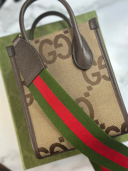 Pre-owned Gucci Monogram Jumbo GG Textured Dollar Calfskin Web Mini Vertical Tote Camel Ebony crossbody