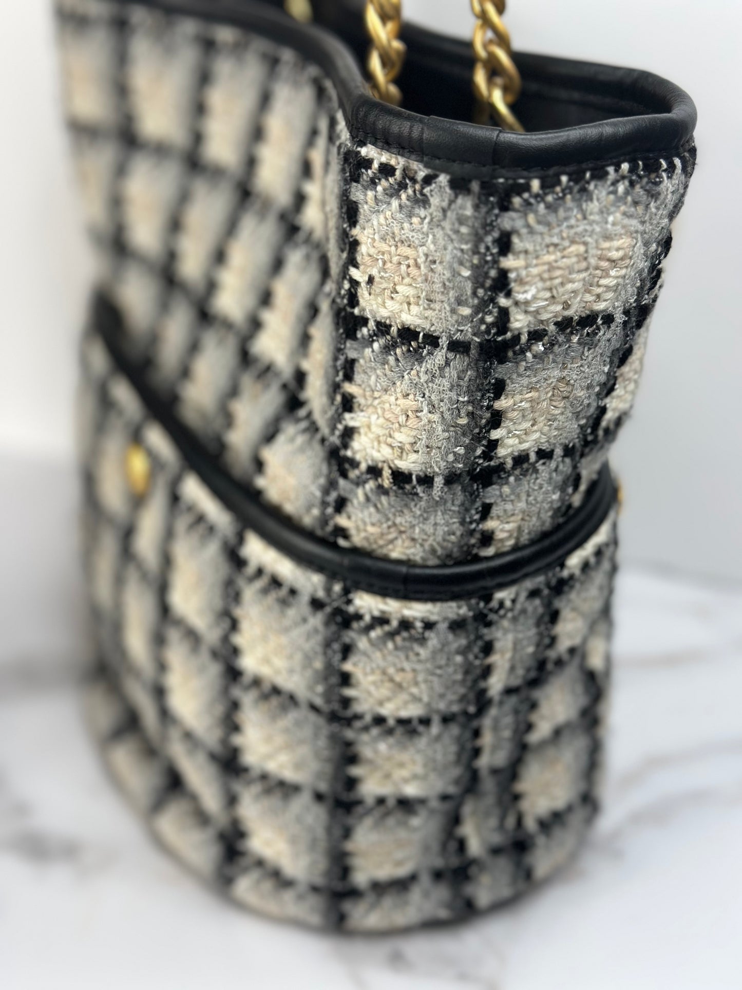 Pre-owned Chanel Coco Mark Chain Shoulder Bag Tote Tweed Leather Black Gray Multicolor Gold Hardware