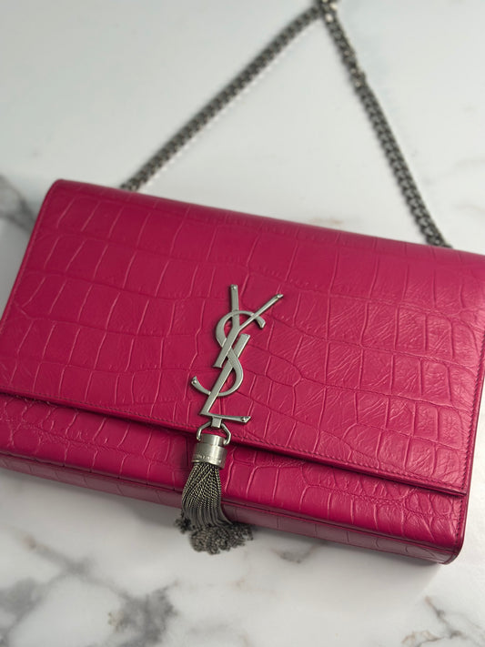 Pre-owned Saint Laurent Kate tassel crossbody bag in fuchsia croc-embossed leather