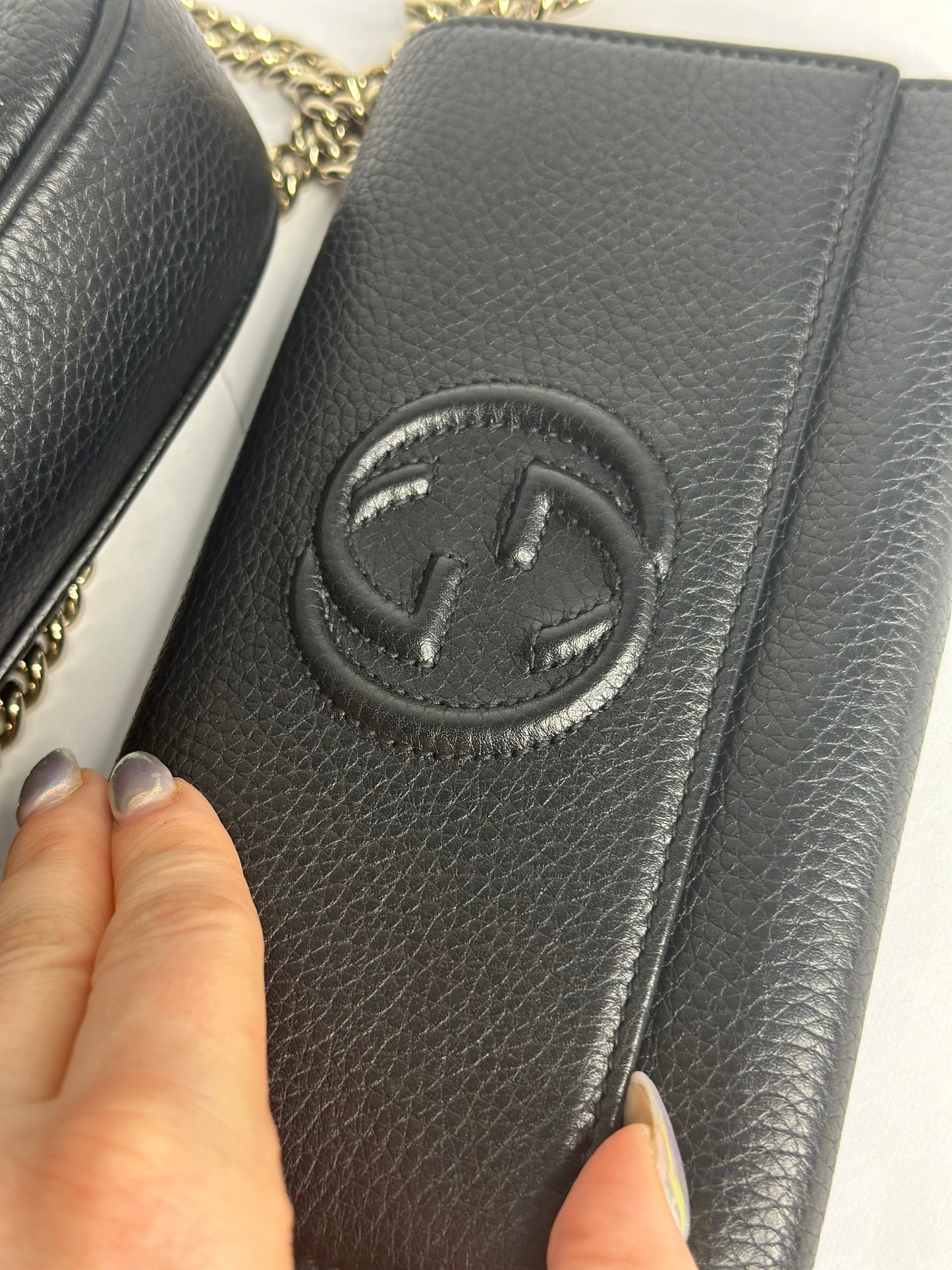 Pre-owned Gucci Black pebbled leather interlocking logo Soho, Crossbody and wallet