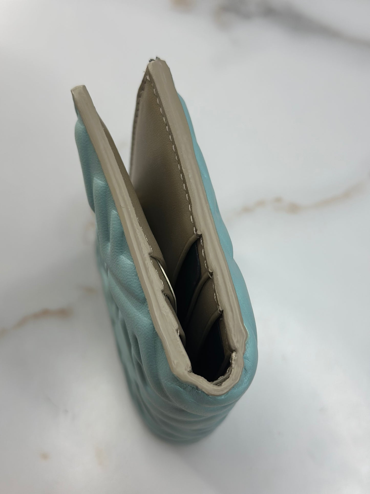 Pre-owned Fendi small baguette bi-fold wallet in light blue nappa leather