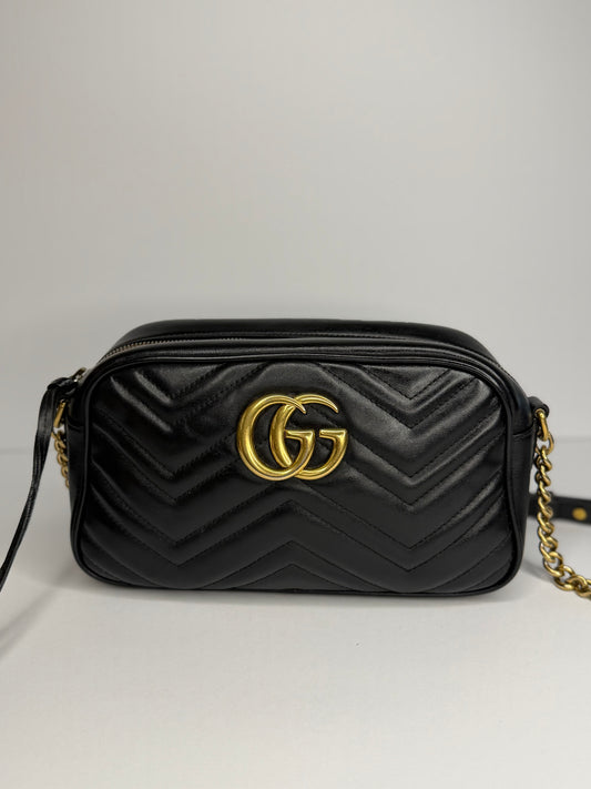 Pre-owned Gucci Marmont Small Camera Bag chevron-quilted black matelassé leather crossbody