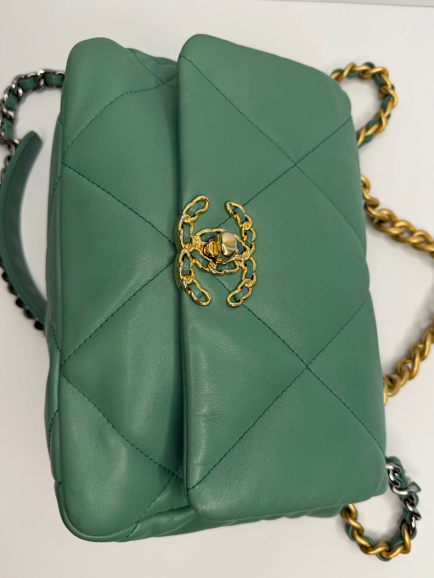 Pre-owned Chanel Lambskin Quilted Medium 19 Flap aquamarine crossbody