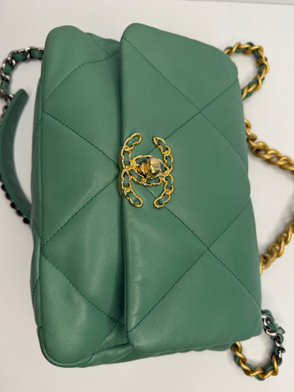 Pre-owned Chanel Lambskin Quilted Medium 19 Flap aquamarine crossbody