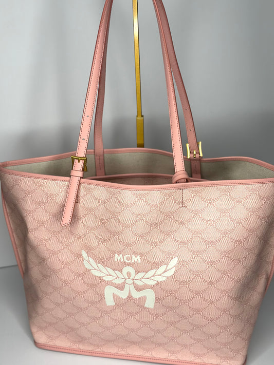 Pre-owned MCM Himmel medium Shopper Tote Bag in a silver pink Lauretos monogram canvas