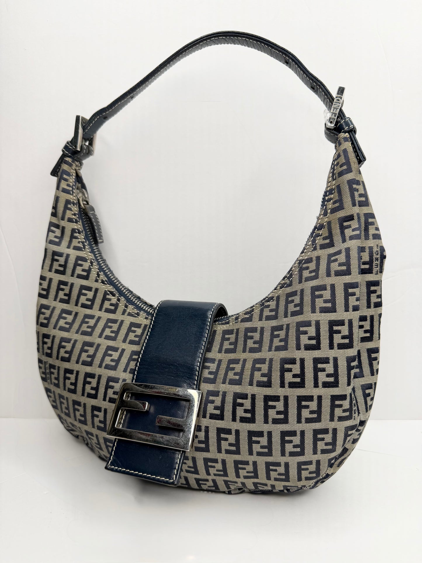 Pre-owned Fendi Fendi Zucca Mama Half Moon Navy Shoulder Bag