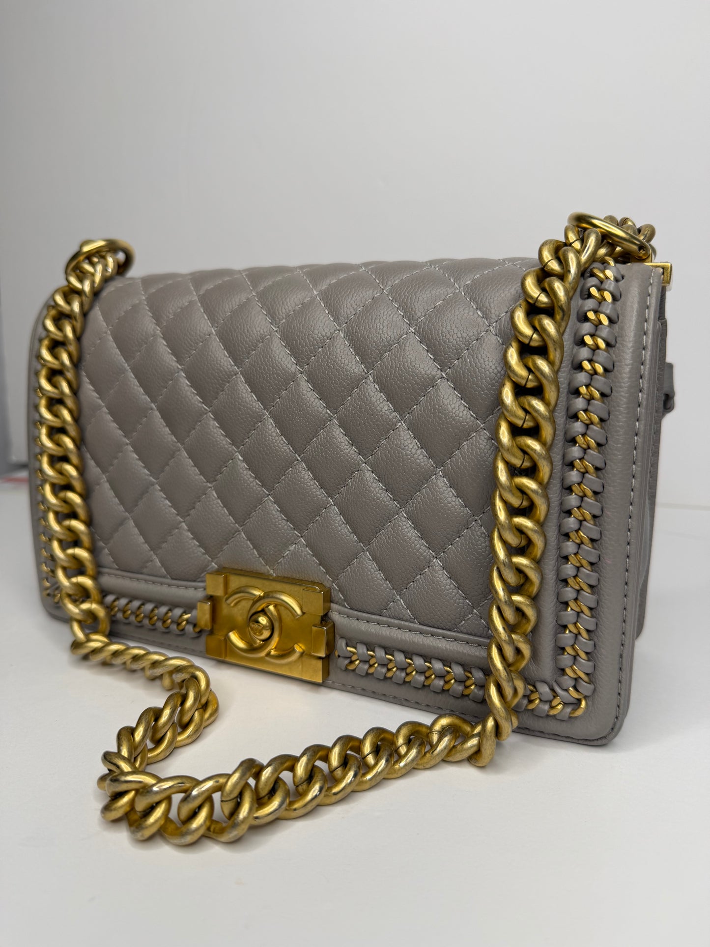 Pre-owned Chanel oy Flap Bag Quilted Caviar with Whipstitch Chain