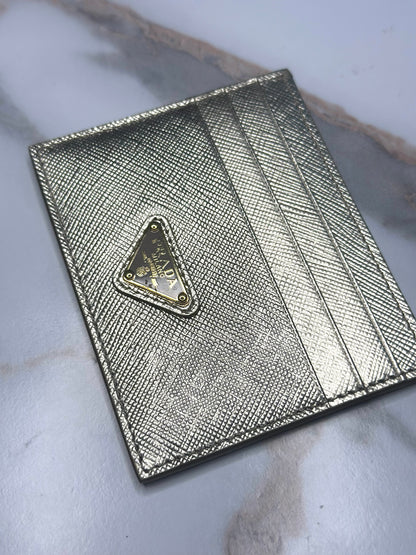 Pre-owned Prada metallic gold Saffiano leather card holder