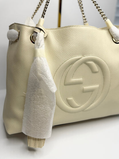 Pre-owned Gucci Pebbled Calfskin Medium Soho Chain Shoulder Bag Off White