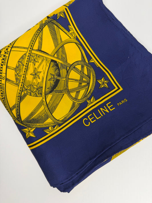 Pre-owned Celine Paris silk scarf yellow and blue design celestial motif.