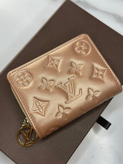 Pre-owned Louis Vuitton Lambskin Embossed Monogram Lou Coussin Wallet Rose Gold
