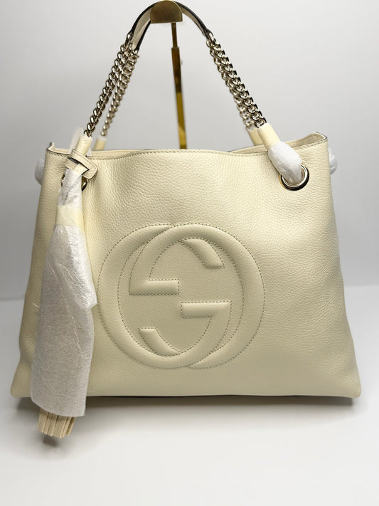 Pre-owned Gucci Pebbled Calfskin Medium Soho Chain Shoulder Bag Off White